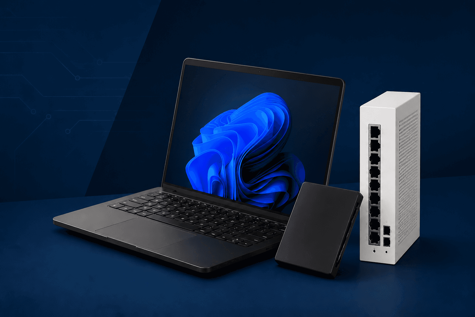 Laptop empresarial, unidad de almacenamiento y equipo de red